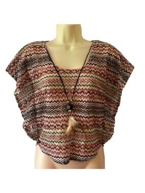 Pinc Multicolor Chevron Print Lace Crop Top Feather Necklace Boho Festival Y2K